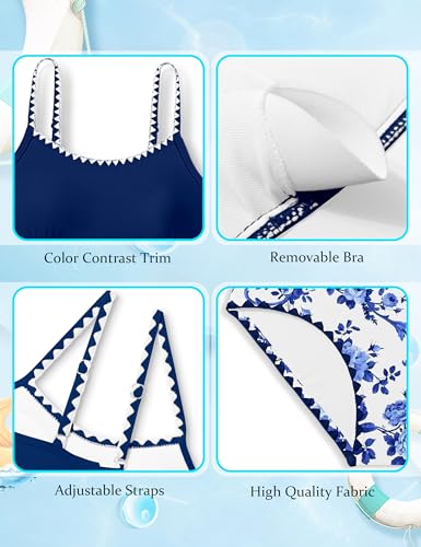 Image of Girls Swimsuit Solid Color Tankini Contrast Trim Swimwear 2 Piece Bathing Suit Padded Swimsuits for Teens 9-16Y