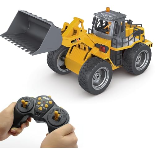 Fistone RC Front Loader, 4WD Alloy Shovel Loader Tractor, 9 CH 2.4Ghz RC Bulldozer Construction Vehicle Radio Control Tractor Truck Toy with Lights for Kids Age 8-12 Years Old