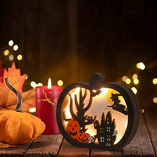 Foimas Halloween Wooden Table Sign,Light Up Pumpkin Table Centerpiece Topper For Halloween Table Top Party Decoration Supply #TOP1