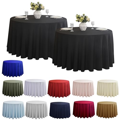 Image of 2-Pack Round 108-inch Black Table Cloths, Solid Stain and Wrinkle Resistant Circular Tablecloth, Premium Plain Weave Polyester Fabric Table Linen Covers for Hotel, Banquet