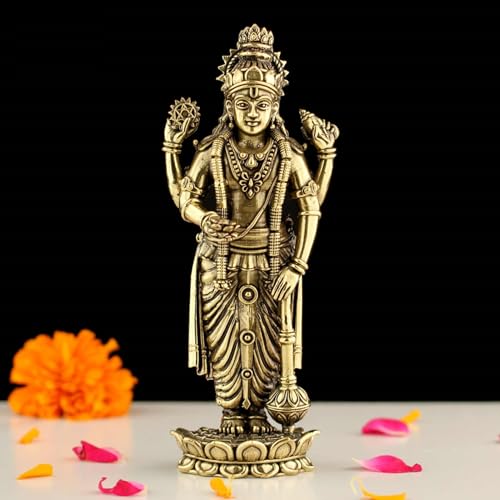 Image of INDICAST Brass Standing Vishnu Idol | 6 inch Vishnu Hindu God Statue Figurine Perfect for Decoration Puja & Gifting Purpose Sculpture (Weight- 360gm)