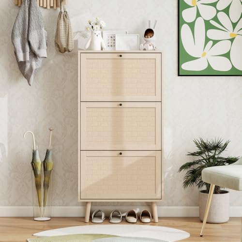 OCACA Meuble à chaussures 121 cm de haut avec trois niveaux de couleur naturelle et de style bohème avec motif à rayures croisées. Idéal pour les...