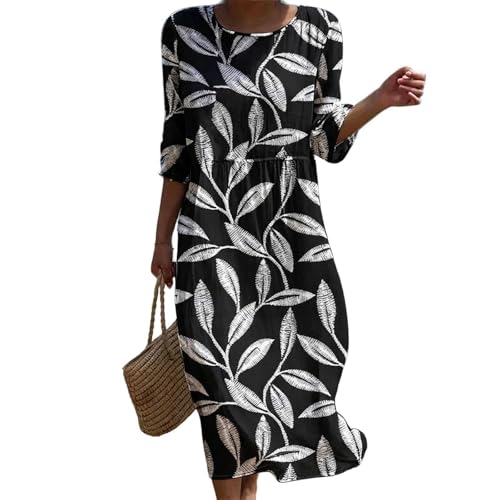 Image of Linen Dresses for Women UK Plus Size Italian Summer Dress 3/4 Sleeve Round Neck Midi Dresses Vintage Floral Print Casual Boho Sundress Loose Fit Beach Swing Long Strand Dress