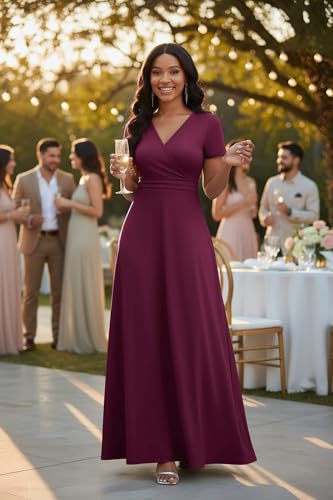 Image of CLOCOR Maxi Dress for Women Long Summer Short Sleeve Evening Formal V Neck A Line Dresses Wedding Guest Empire Waist Elegant