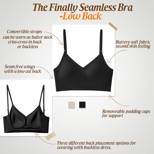 Low Back Bra for Women Wirefree Seamless Bra Backless Multiway Straps Convertible Halter Bra with Padded Removeable