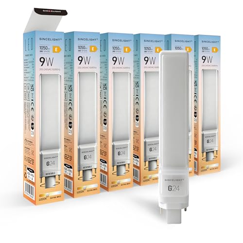 SINCELIGHT Bombilla LED PL de 9W, base G24 de 2 Pines, 1050 Lúmenes, Cabezal Giratorio de 180° para Instalación Enchufable, Bombilla de Tubo Horizontal, 4000K Blanco Neutro, Paquete de 6.