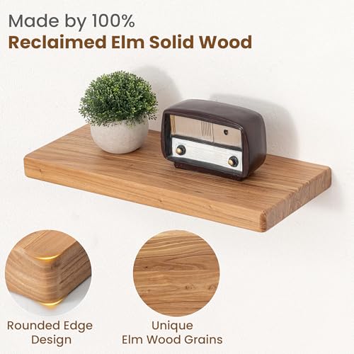 Image of Floating Shelves for Wall, 18 inchWx8 inchD Rustic Solid Elm Wood Floating Shelves Wall Mounted, Round Edge Wall Shelves with Invisible Bracket for Living Room Bathroom Bedroom Kitchen, Set of 2, Natural