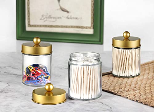 4 Pack Apothecary Jars Bathroom Vanity Storage Organizer Set -Countertop Canister With Stainless Steel Lids &Cute Stickers - Qtip Dispenser Holder For Qtips,Cotton Swabs,Makeup Sponges(Gold) #TOP6