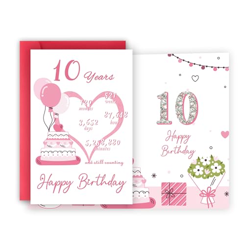 xiangqiankan 10th Birthday Card, Funny 10th Birthday Decorations for Girls, Happy 10 Year Old Birthday Gift for Daughter,Great 10th Bday Gifts Idea for Her，8x5.3 Inches,Double-Sided