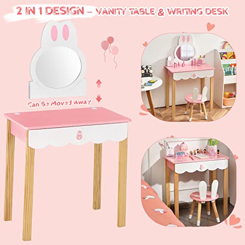 Costzon Kids Vanity Set With Mirror, 2 In 1 Princess Makeup Dressing Table W/Detachable Top, Toddler Vanity With Chair, Drawer & Solid Wood Legs, Pretend Play Vanity Set For Little Girls (Pink) #TOP1