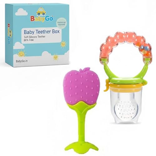 Image of BabyGo Organic Baby's BPA-Free Silicone Nipple Food Nibbler for Fruits with Rattle Handle(6-12 Months) Silicone BPA Free Natural Organic Nipple Teether for Babies (Combo) (Multicolor)