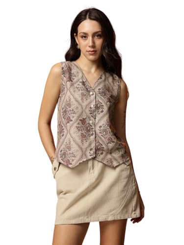 Image of Amazon Brand - INKAST Women Floral Printed Button Down V-Neck Tunic Top|Sleeveless|Ethnic Crop Top