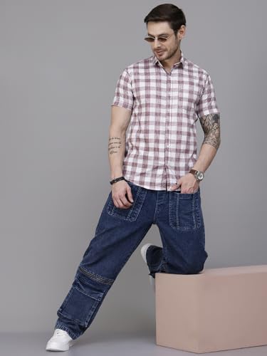Image of Majestic Man Men Slim Fit Pure Cotton Checkred Half Sleeve Casual Shirt