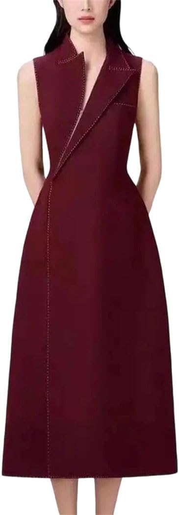 Women Sleeveless Blazer Dress Mid-Length A-Line Waist Defining Professional Temperament Fashion