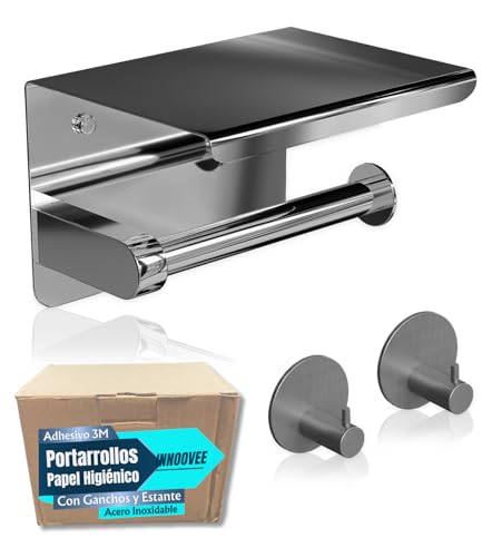 INNOOVEE Portarrollos Papel Higiénico con Ganchos y Estante, Adhesivo 3M sin Taladro o con Tornillos, Acero Inoxidable Plata, Incluye Embellecedores y Tacos, Soporte Papel Higiénico Baño Moderno