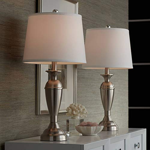 Regency Hill Blair Traditional Table Lamps Set Of 2 25" High Brushed Nickel Silver Metal Candlestick White Drum Shade For Bedroom Living Room House Home Bedside Nightstand Office Entryway #TOP6