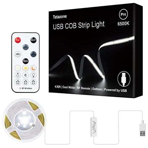 Tatazone 5V USB COB Led Strip Light with RF Remote, 4.92ft 6500K USB Powered COB Led Light Strip, Dimmable Indoor COB Led Tape Light for TV Backlight, Monitor, Showcase, Camping, Motorhome Cover