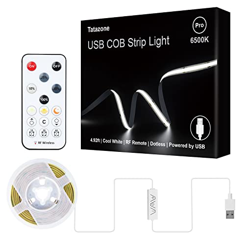 Tatazone 5V Usb Cob Led Strip Light With Rf Remote, 4.92Ft 6500K Usb Powered Cob Led Light Strip, Dimmable Indoor Cob Led Tape Light For Tv Backlight, Monitor, Showcase, Camping, Motorhome #TOP17