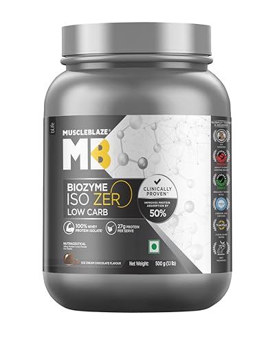 Image of MuscleBlaze Biozyme Iso-Zero Whey Protein Isolate Powder, 500g (1.1lbs) | Ice Cream Chocolate | 27g Whey Protein Per Scoop | USA Patent-Published Enhanced Absorption Formula (EAF)