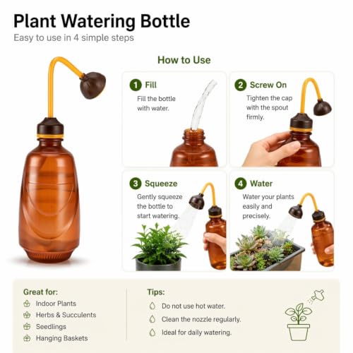 Image of Watering Can for Indoor Plants & Succulents 450ML, 2-in-1 Watering Can for Seedlings Bottle with Bend Mouth, Plastic Succulent & Flower Watering Bottle for Indoor, Garden & Home Plants (Brown)