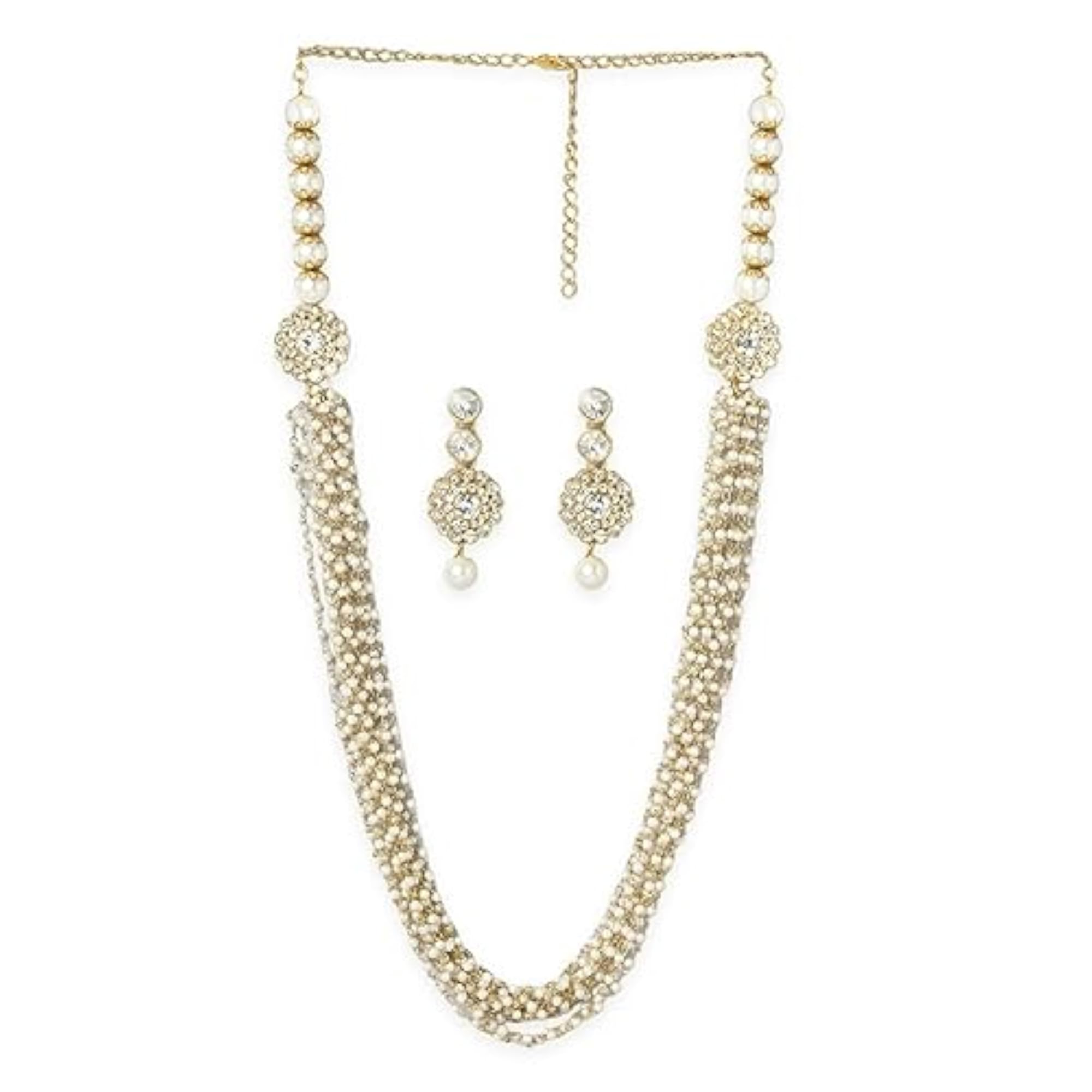 Women's Kundan Multi Layer Long Mala Necklace Set with Drop Earrings
