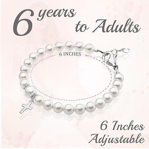 Image of Baby Crystals White Pearl Personalized Bracelets for Girls, Sterling Silver Initial Cross Charm Bracelet, Christening, Communion Baptism Gifts for Girl, Birthday Gifts, Girls Jewelry