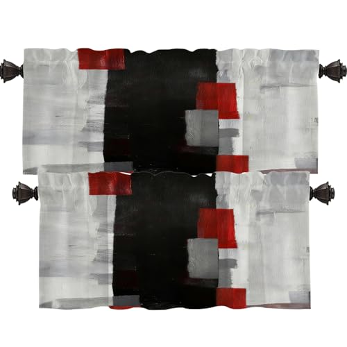 Shrahala Grey Modern Modern Art Blackout Short Curtains for Windows, Red Art Plaid Kitchen Valance Thermal Insulated Rod Pocket Window Treatment for Bathroom 2 Pack 52 X 16 in