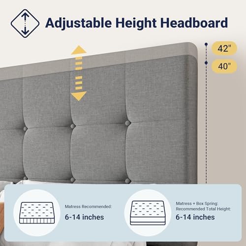 upholstered queen platform bed with storage light grey drawers open
