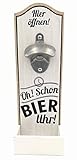 Robuster Grosser Wand Flaschenöffner im Vintage Stil zur Wandmontage aus Holz, mit Metall Kapselheber, Masse 30 x 10 cm, Ausführung mit Spruch: OH! Schon Bier Uhr!