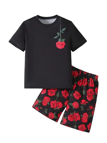 Image of RoseSeek Boy's 2 Piece Outfits Floral Print Short Sleeve Crewneck T Shirt and Shorts Set Summer Outfits