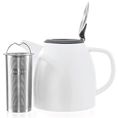 Tealyra - Drago Ceramic Teapot White - 37Oz (4-6 Cups) - Large Stylish Teapot With Stainless Steel Lid Extra-Fine Infuser To Brew Loose Leaf Tea - Leed-Free - 1100Ml #TOP6