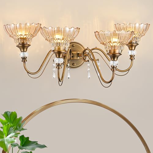 Image of Vintage Bathroom Vanity Light, 4-Light Matte Antique Brass Finish Wall Sconce with Hanging Crystal Accents and Flower-Shaped Amber Glass Shades, Retro Wall Mount Vanity Light Over Mirror for Bathroom