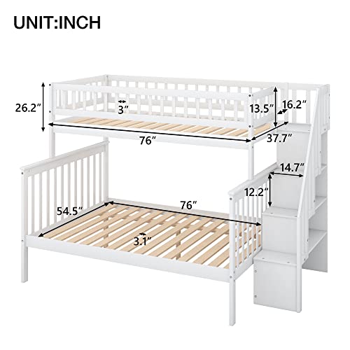 CITYLIGHT Twin Over Full Bunk Beds with Stairs, Wood Bunk Bed with Storage and Guard Rails,Stairway Bunk Beds Twin Over Full Size for Kids, Bedroom, Dorm, Teens, Adults,White
