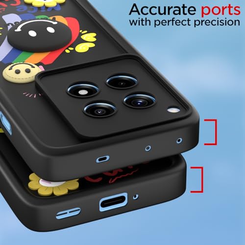 Image of Pikkme Back Cover for OnePlus 12R 5G | Soft Silicone| Cute Rainbow Smile & 3D Cartoon Flower Design | Shockproof Raised Camera Protection Bumper Case (Black)