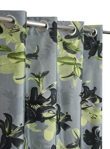 Image of Digital Printed Big Flower Eyelet Polyester Curtains - Grey, 9 Feet, Pack of 1