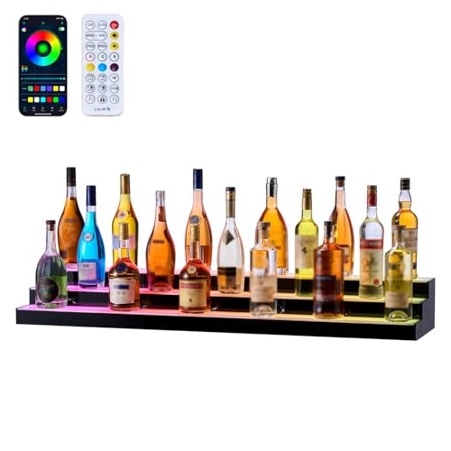 Image of VEVOR LED Lighted Liquor Bottle Display, 3 Tiers 48 inches, Acrylic Illuminated Home Bar Shelf Display with RF Remote & App Control, DIY Setup with Type-C Cables, 9 Static Colors, for 36-48 Bottles
