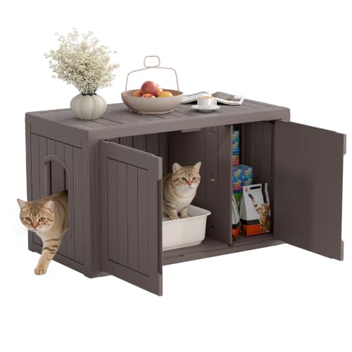 Image of Cat Litter Box Enclosure, Covered Cat Litter Box with Adjustable Partition, Multi-Functional Hidden Enclosed Litter Box Furniture, Easy to Clean & Assemble, Dark Grey