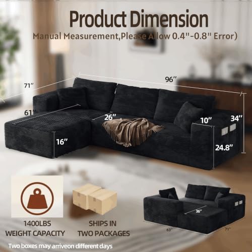 Image of Boneless Compression Couch No Assembly in a Box Sectional for Living Room Black Modular Sofa Memory Foam