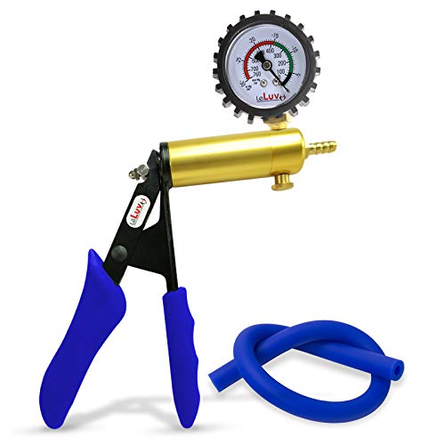 LeLuv Ultima Blue Vacuum Pump - Aluminum Alloy &amp; Brass Handle Manual Hand Vacuum (0-30 Hg, 0-760 mmHg), Gauge Installed with Protective Rubber Cover, Silicone Padded Grips with Silicone Hose