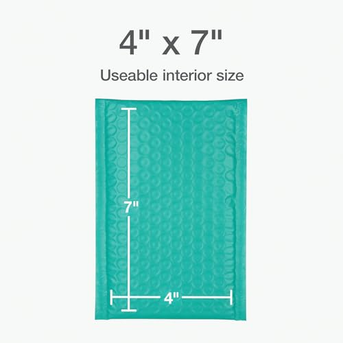 Image of Quality Park Bubble Mailers, 4 x 8 Shipping Envelopes, Self-Seal, Small Teal Padded Envelopes, Redi-Strip Peel Off Closure, 50 Per Box (QUA85915)