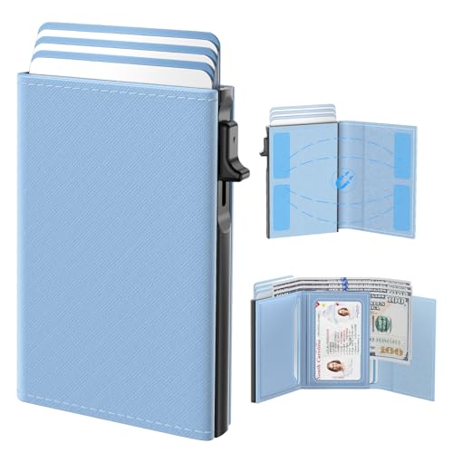 Image of typecase Womens Wallet Card Holder: Pop Up Card Case, Genuine Leather, RFID Blocking, Slim, Minimalist, Thin, Small Size - 9-14 Card Capacity, ID Window, Cash Pocket (Blue)