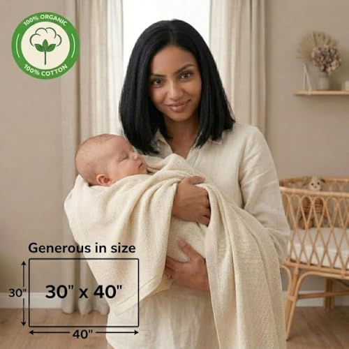 Image of 100% Organic Cotton Knit Receiving Baby Blanket for Newborns - Soft, Breathable Blanket for Crib & Stroller - Nursery Gift (Ivory)