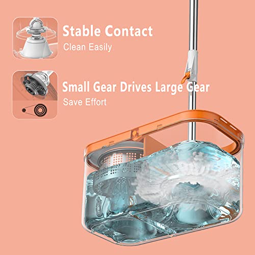 Floor Spin Mop And Bucket Set With Wringer System Extended Stainless Steel Handle 61＂For Home Floor Cleaning Use With 5 Replacement Head Refill And 1 Cleaning Brush Head #TOP5