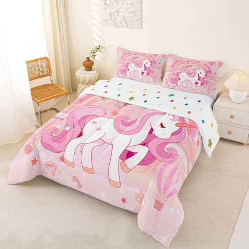 Image of Erosebridal Unicorn Bedding Set for Girls King Kawaii Rainbow Unicorn Comforter Set Unicorn Bedroom Decor for Girls Kids Cartoon Horse Duvet Set Ombre Unicorn Stars Quilt Comforter Pink 3 Pcs