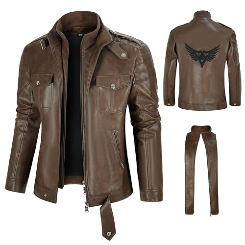 Men's faux leather Motorcycle jacket embroidered removable double layer standing collar bomber coat