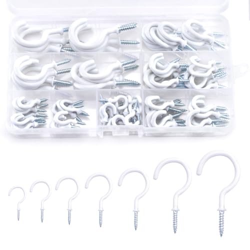 KINGLAKE 115 Pcs White Screw in Hooks (7 Sizes) Plastic Coated Mug Cup Hooks Wall Ceiling Hook for Wood Under Cupboard Cabinet Shelf Hanging Plant and Kitchen Utensils