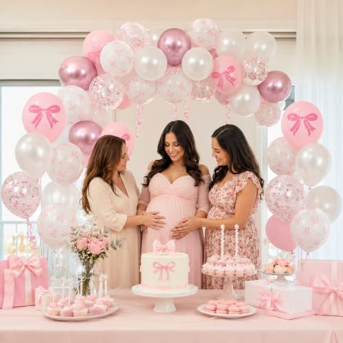 Image of Pink Bow Balloons, 60Pcs 12inch Girl Women Princess Birthday Party Balloons | Light Baby Pink Pearl White Balloons, Bow Printed Balloon Metallic Confetti Balloons for Baby Shower Bachelorette Party Decor