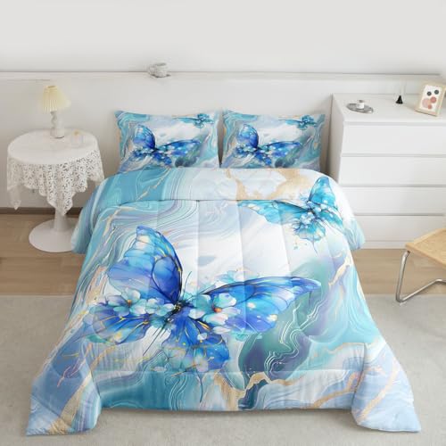 Image of Erosebridal Floral Marble Butterfly Comforter King Size for Kids Teens Adults,Blue Tie Dye Bedding Set,Elegant Marble Texture Duvet Insert,Modern Aesthetic Quilt Bedroom Decor