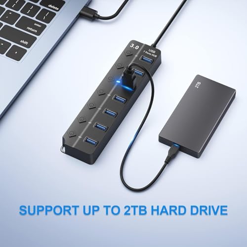 Image of USB Hub 3.0, 7-Port USB Hub Splitter with Individual On /Off Switches and Lights, 1 ft Long Cable Compatible with Laptop, Surface Pro, PS4, PC, Flash Drive, Mobile HDD