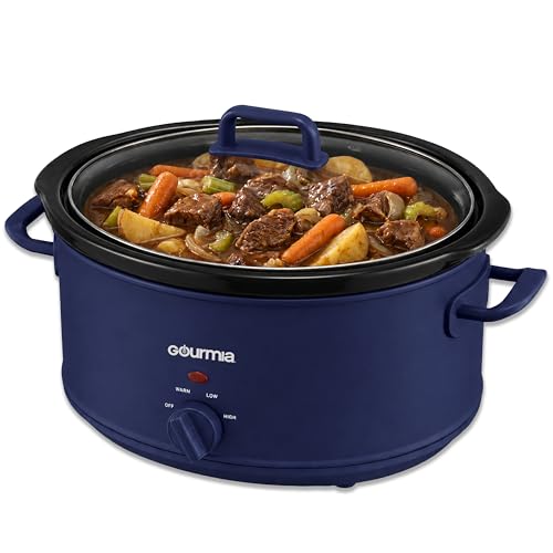 Image of Gourmia Slow Cooker - 7 Quart Removable Ceramic Pot, Manual Controls with 3 Temperature Settings, Dishwasher Safe Crock and Glass Lid, Navy